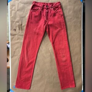 Levi’s 501 button fly jeans, over dyed red denim, made in United Kingdom